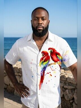 Parrot Tropical Cruise Shirt Hawaiian Button Up White 2X/3X Resort Island Print